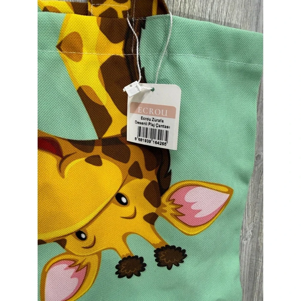 Ecrou Giraffe Print Canvas Tote Bag Mint Green Animal Graphic Beach Shopper NWT